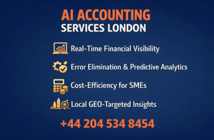 AI Accounting Services London | Smart Financial Solutions for SMEs AI Accounting Services London infographic showing real-time financial visibility, predictive analytics, cost-efficient solutions for SMEs.