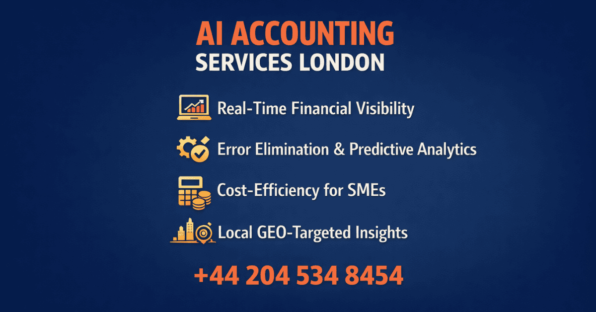 AI Accounting Services London infographic showing real-time financial visibility, predictive analytics, cost-efficient solutions for SMEs.