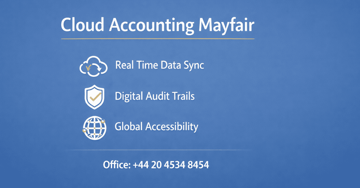 Cloud Accounting Mayfair services showing real-time data sync, digital audit trails and global accessibility with UK accountant support.