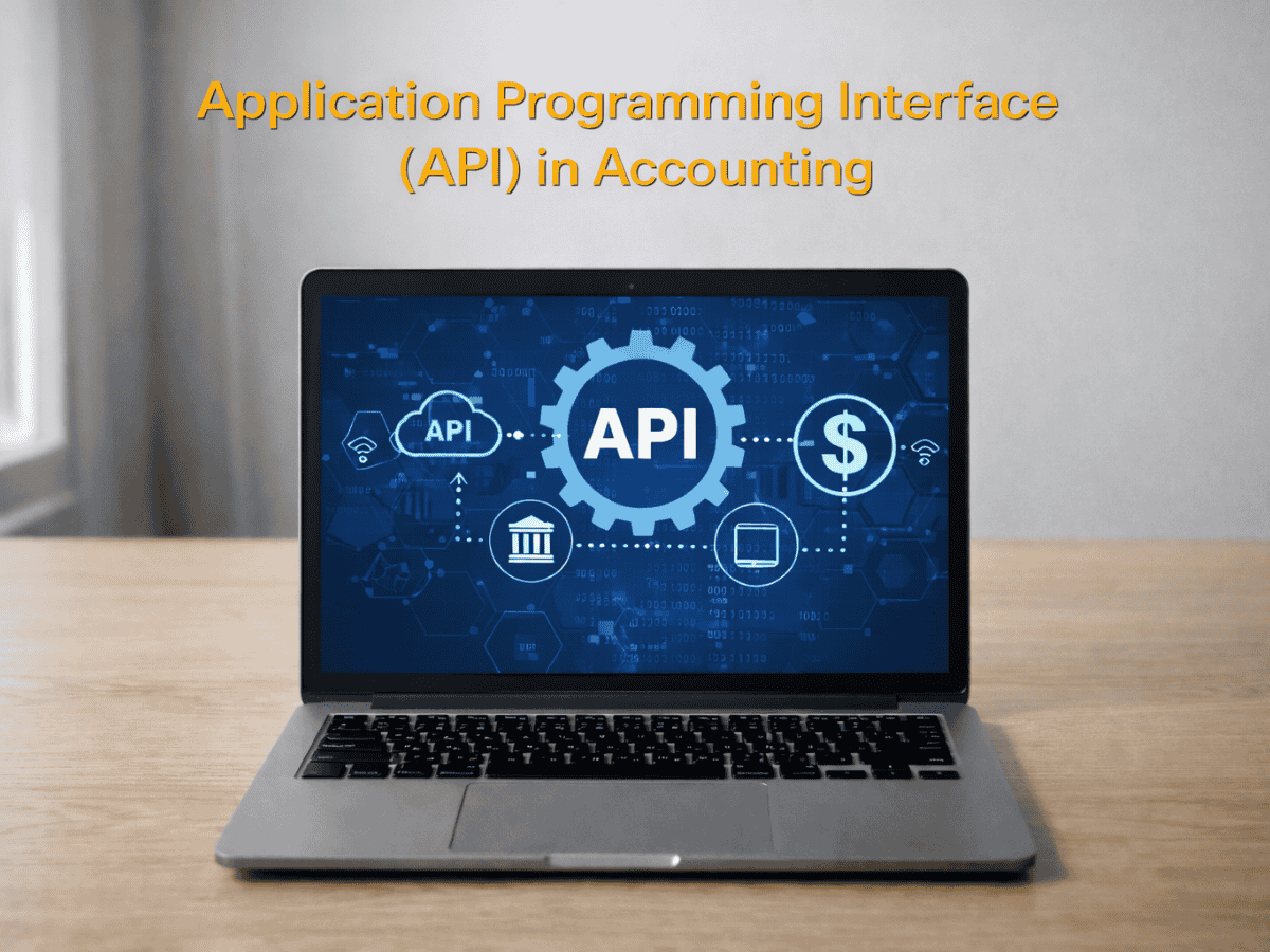 Laptop displaying Application Programming Interface (API) in Accounting concept with digital finance icons for automation, tax, payroll and bookkeeping integration