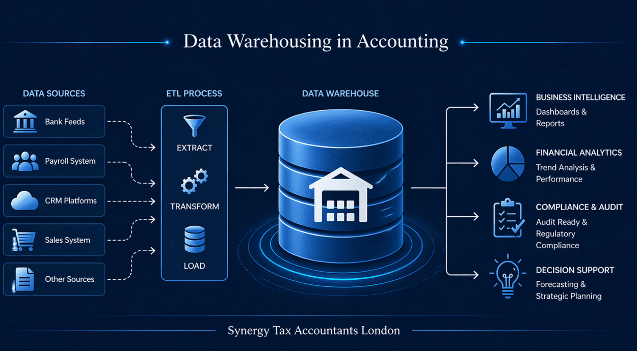 Data Warehousing in Accounting infographic with navy blue background showing data sources, ETL process, central warehouse system, analytics reporting, and Synergy Tax Accountants London branding.
