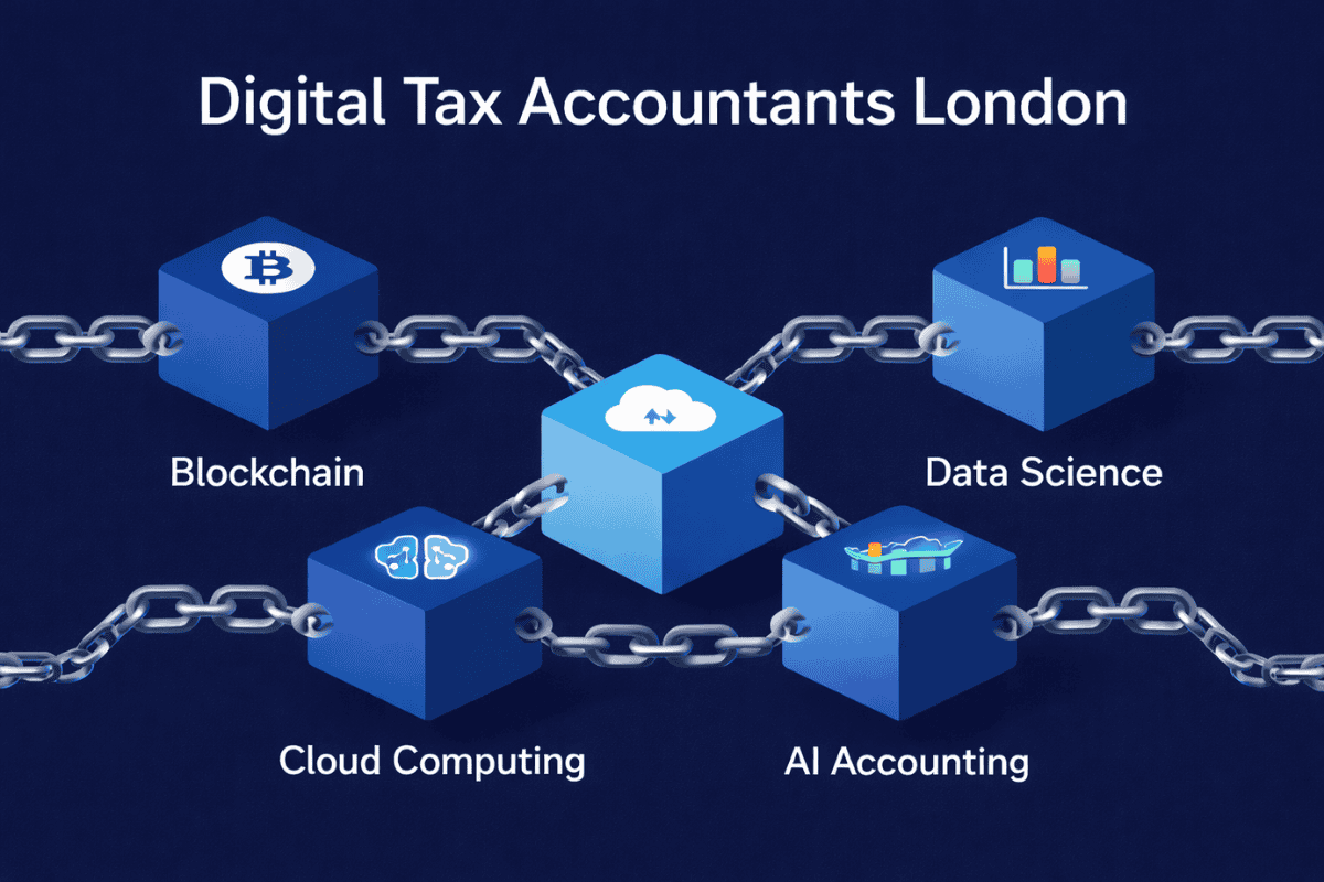 Digital Tax Accountants London image showing blockchain, cloud computing, AI accounting and data science connected for smart business tax solutions