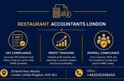 Restaurant Accountants London infographic showing VAT compliance, profit tracking, payroll compliance, office address, and contact details for hospitality accounting services.