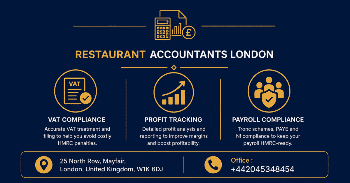 Restaurant Accountants London infographic showing VAT compliance, profit tracking, payroll compliance, office address, and contact details for hospitality accounting services.