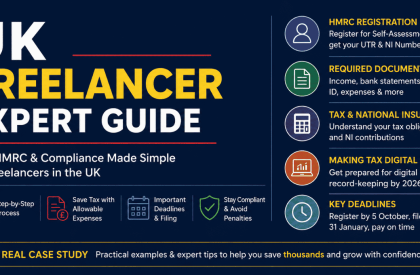 UK freelancer expert guide infographic showing HMRC registration, tax rules, allowable expenses, and key deadlines for freelancers in the UK