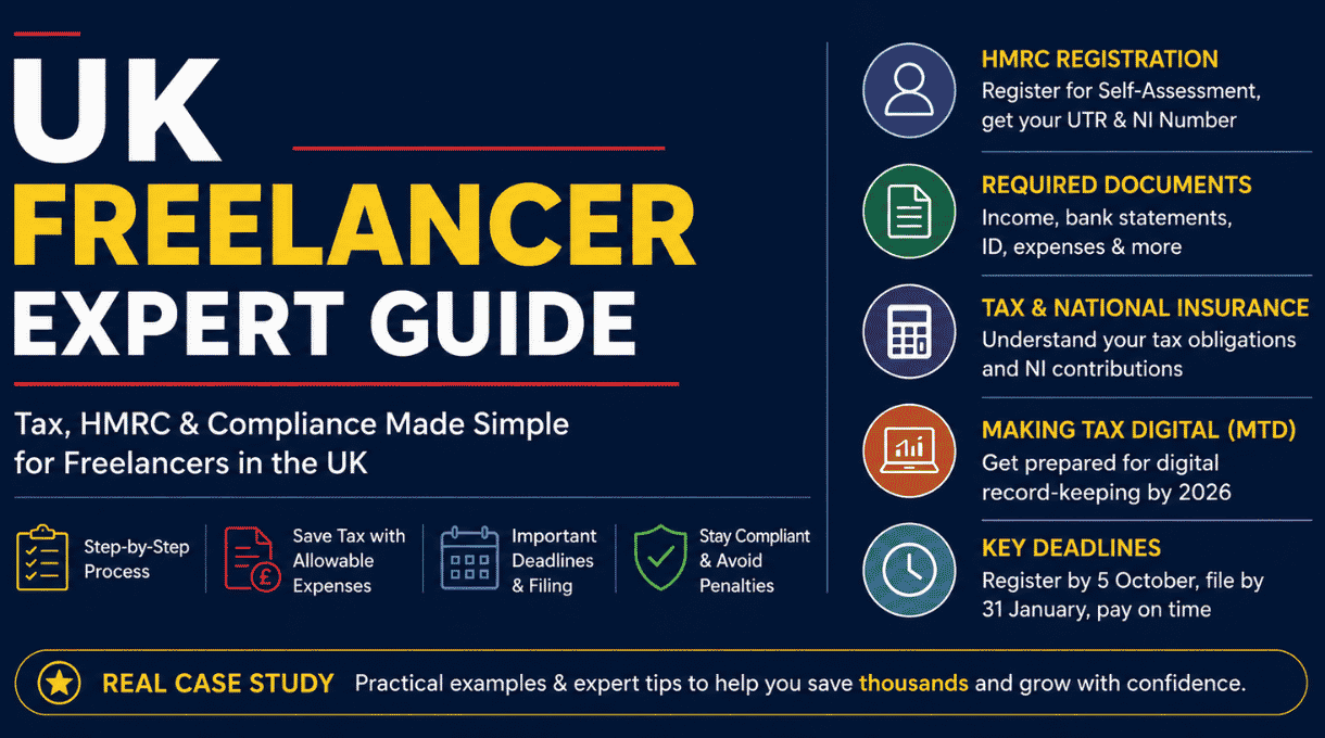 UK freelancer expert guide infographic showing HMRC registration, tax rules, allowable expenses, and key deadlines for freelancers in the UK