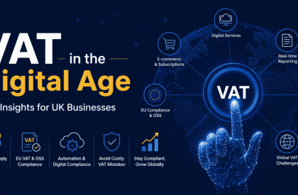 VAT in the Digital Age infographic with EU VAT rules, digital compliance, automation, and global tax challenges for UK businesses