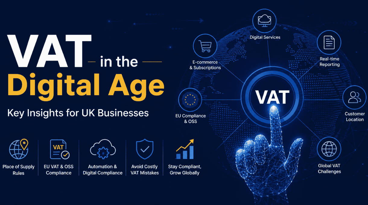 VAT in the Digital Age infographic with EU VAT rules, digital compliance, automation, and global tax challenges for UK businesses